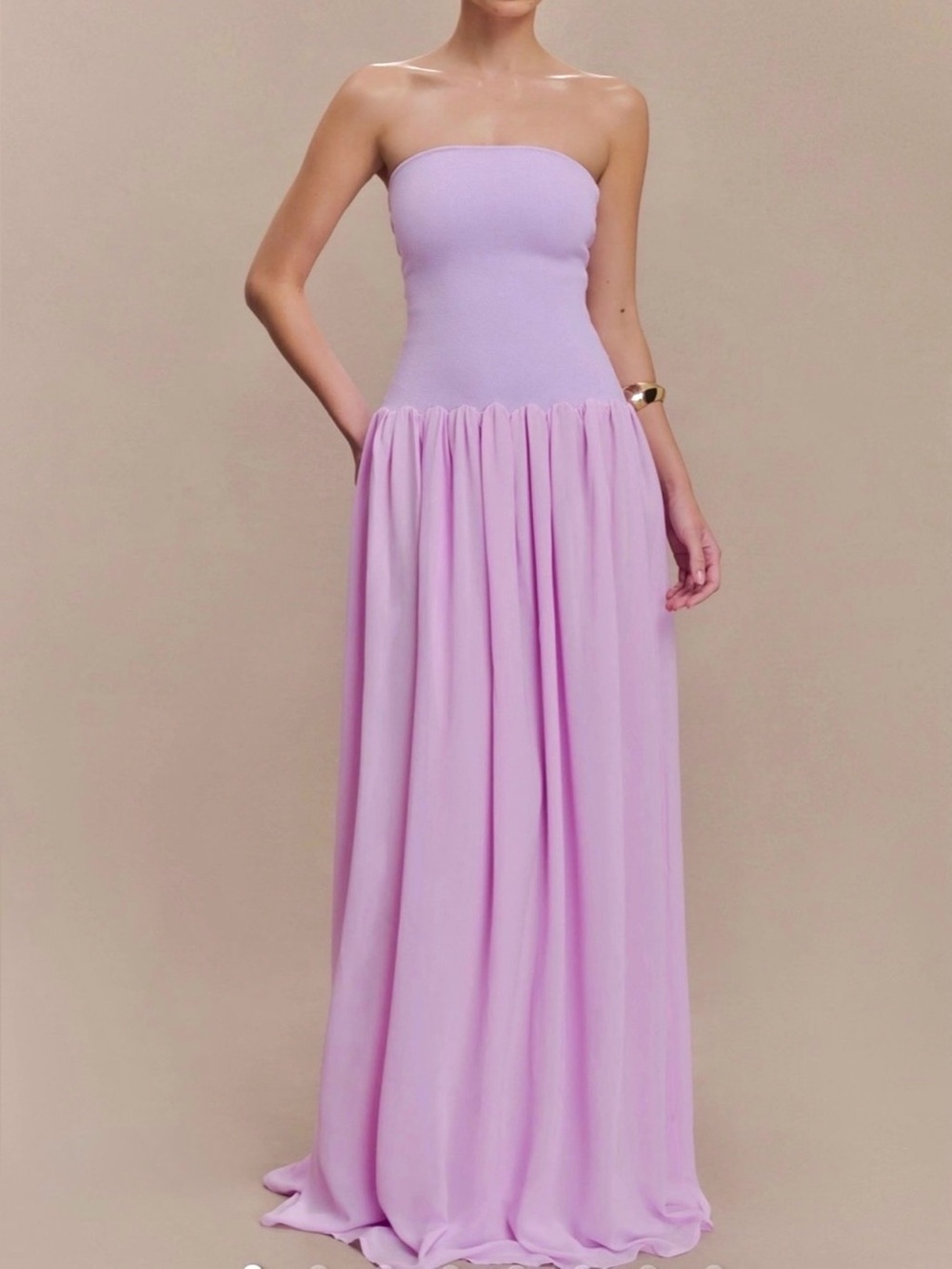 MESHKI Lyanna Knit Chiffon Strapless Maxi Dress Lilac Size S NWT